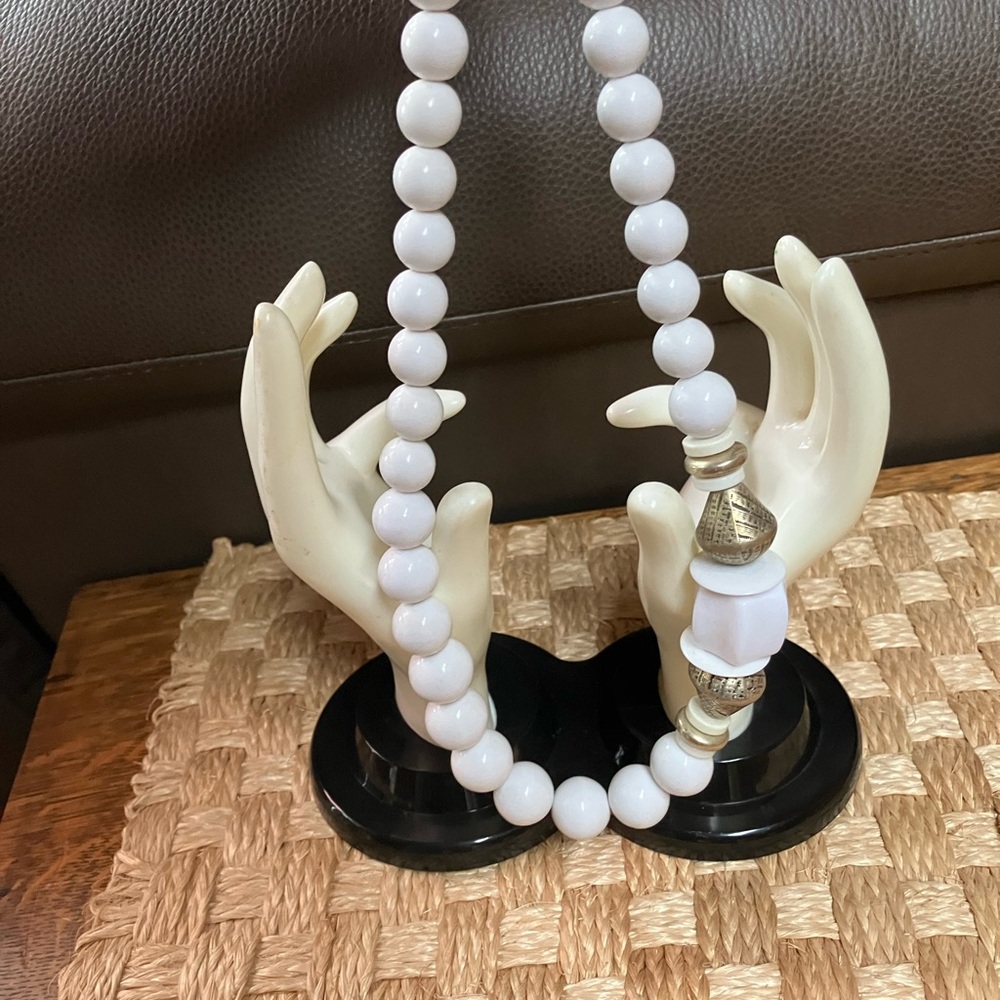 White Beaded Necklace with Silver Accents